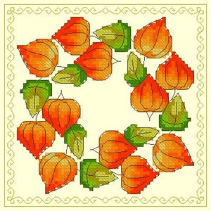 Winter cherry biscornu,  Cross Stitch Pattern, Counted cross stitch, Modern Embroidery, Hand Embroidery Decor, Needlepoint Chart , PDF.