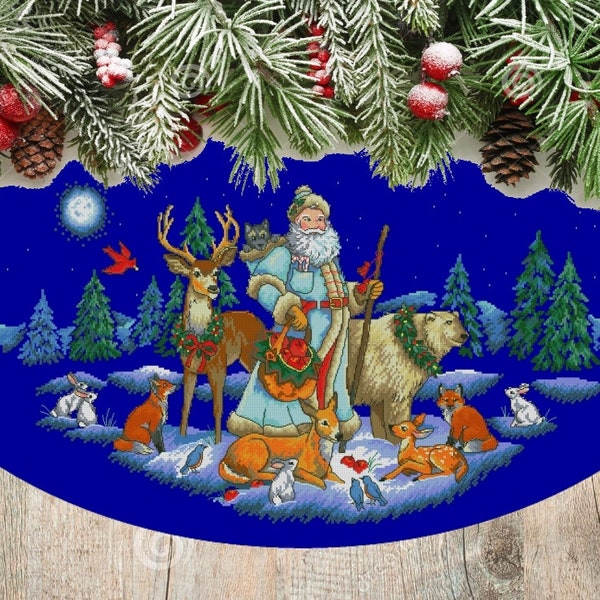 Woodland Santa tree skirt, Christmas Tree Skirt, Holiday Counted Cross Stitch, Winter Embroidery, Hand Embroidery Chart, Needlepoint Chart.