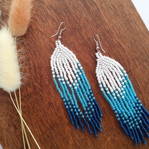Blue & White Beaded Earrings Long Earrings Fringe Earrings Shiny dangling earrings Bright Beaded Earrings Boho Bead Earrings Dangle Earrings