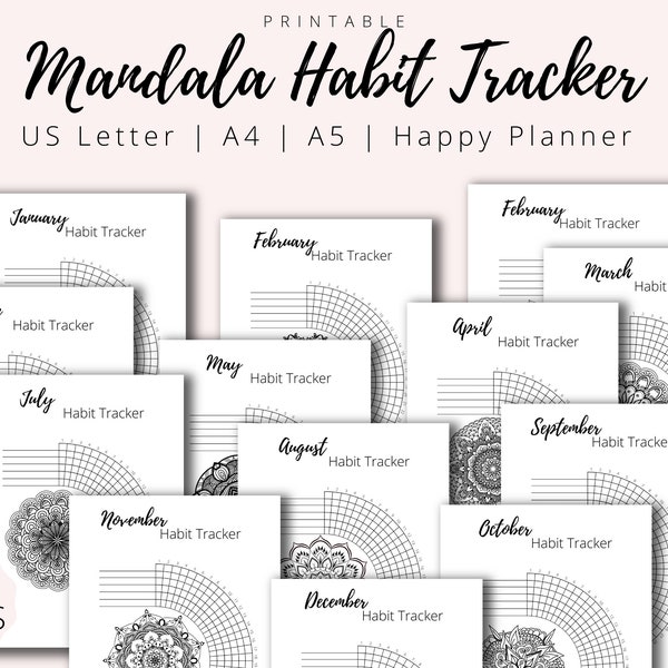 Habit tracker printable, Mandala, Daily routine, Habit log - Instant digital download - PDF, JPG - A4, Letter, A5, Happy planner - 13 pages