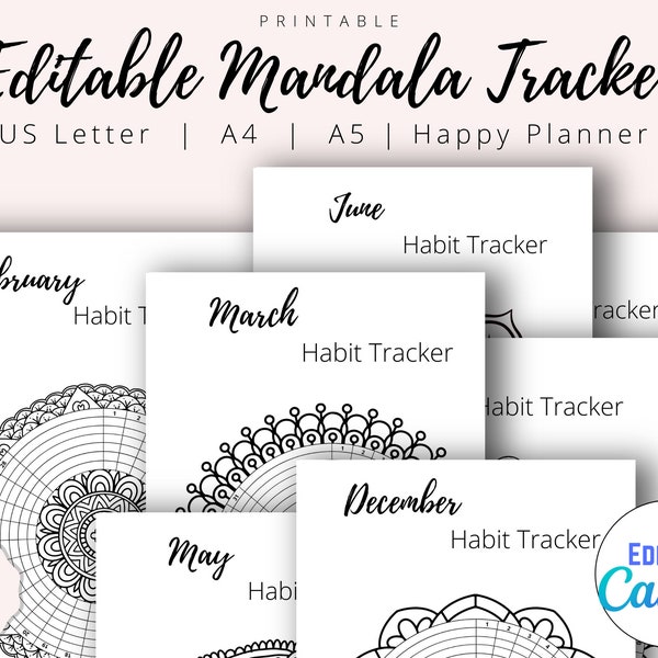 Habit tracker editable - Mandala habit Tracker Printable - Editable Monthly Planner - Letter /A4 /A5/Happy planner size - 13 pages