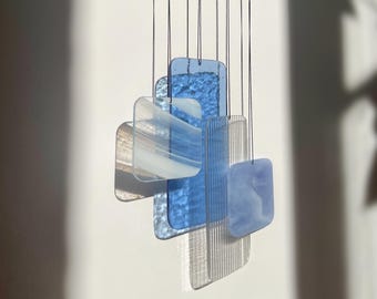 Retro Shapes Soft Blue • Handmade stained glass hanging • Modern window hanging • Minimalist glass art
