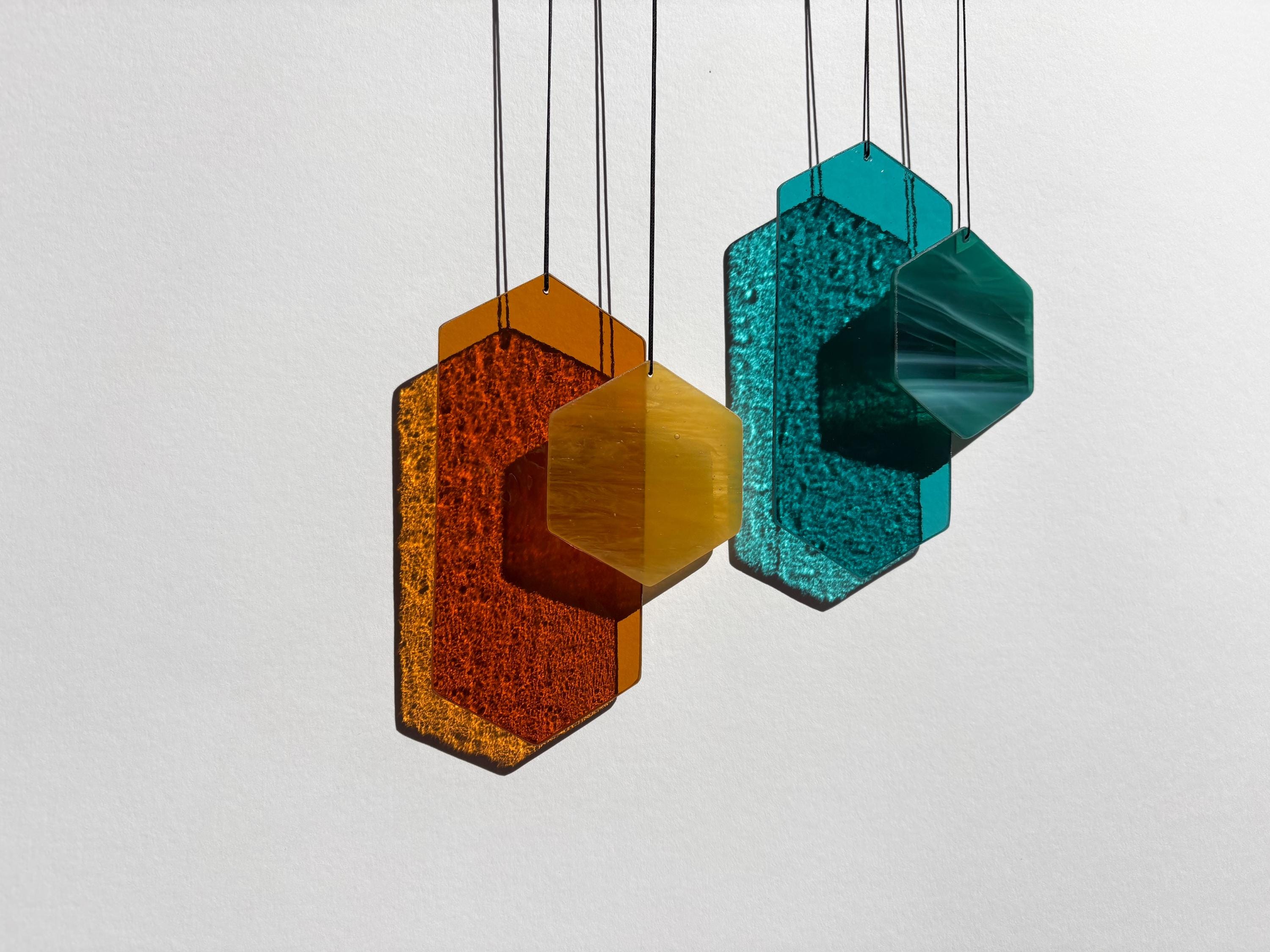 Geometric shapes suncatcher, square minimalist glass decoration in orange and green