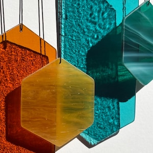 Geometric shapes suncatcher, square minimalist glass decoration in orange and green