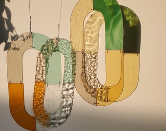 Large Art Deco style wall hanging, Modern Glass Art sun catcher play of light with geometric glass