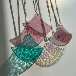 Orange and Pink Glass Art Set in Japanese Wave Pattern: Suncatcher for Wall Decor, Window or Outdoor