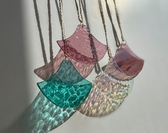 Orange and Pink Glass Art Set in Japanese Wave Pattern: Suncatcher for Wall Decor, Window or Outdoor