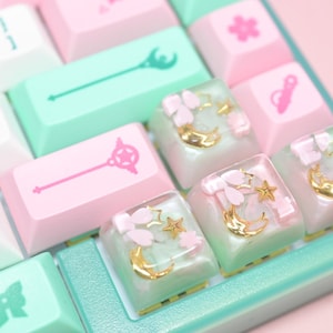 Kawaii Cute Pink/Mint Pastel Celestial Sakura Artisan Keycap For Mechanical Keyboards (Set of 4) SA Profile