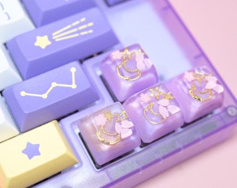 Celestial Sakura Artisan Keycap – Cute Pastel Sakura Moon Keycap for Mechanical Keyboards | Aesthetic Desk Setup