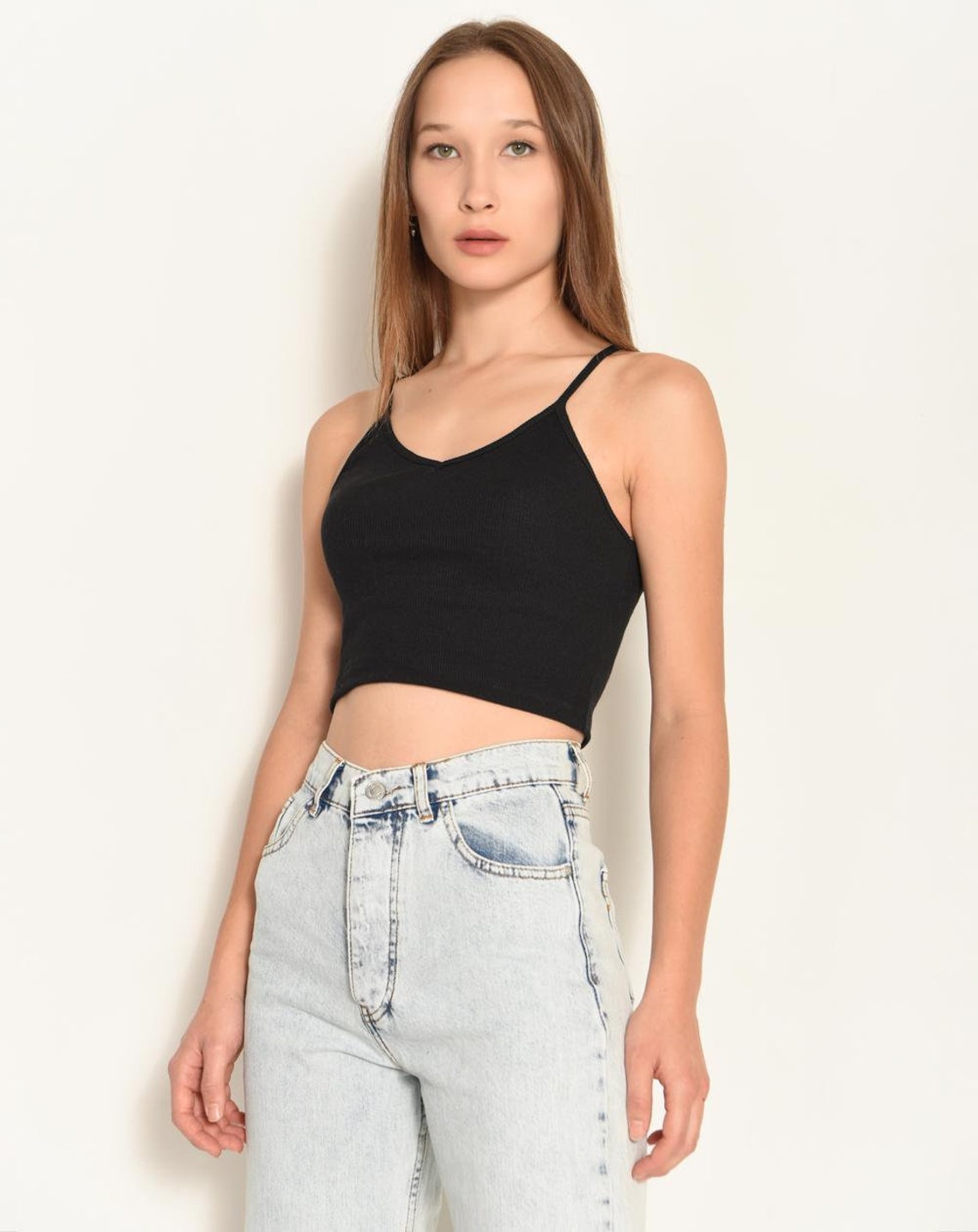 Black Thin Strap Crop Cami Top Etsy