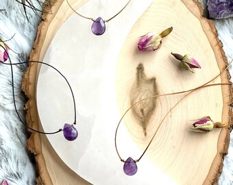 Amethyst Gem Drop, Amethyst Crystal Necklace, floating gemstone, cord necklace, drop necklace, layering necklace, February Birthstone
