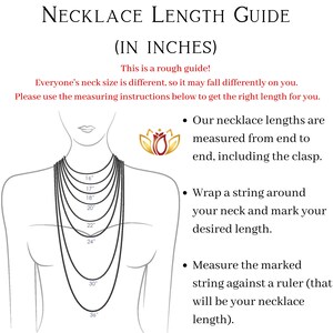 Puede incluir: Una gu&iacute;a de longitudes de collar en pulgadas, ilustrada con una mujer que lleva collares de diferentes longitudes. La gu&iacute;a incluye instrucciones sobre c&oacute;mo medir tu cuello para un ajuste perfecto.