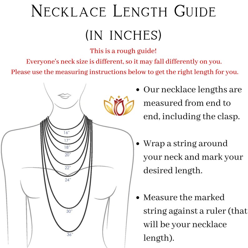 Puede incluir: Una gu&iacute;a de longitudes de collar en pulgadas, ilustrada con una mujer que lleva collares de diferentes longitudes. La gu&iacute;a incluye instrucciones sobre c&oacute;mo medir tu cuello para un ajuste perfecto.