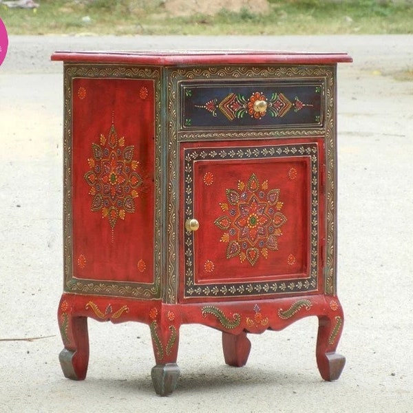 Unique Rajasthani Painting on Furniture | Nightstand Organizer | Wooden Bedside Table with Drawers | Night Stand Table Entryway Organization