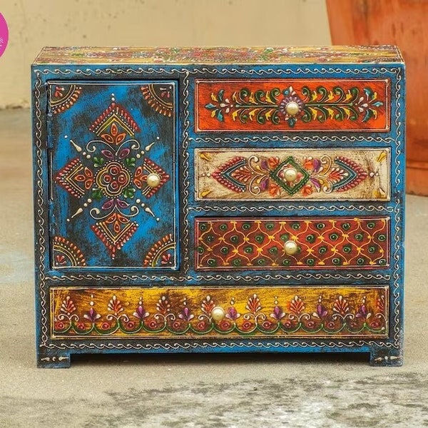 Cute Wooden 5 Chest Of Drawer | Indian Hand Painted Desk Organizer | Office Organizer | Storage Trunk Box | Desk Decor | Housewarming Gift