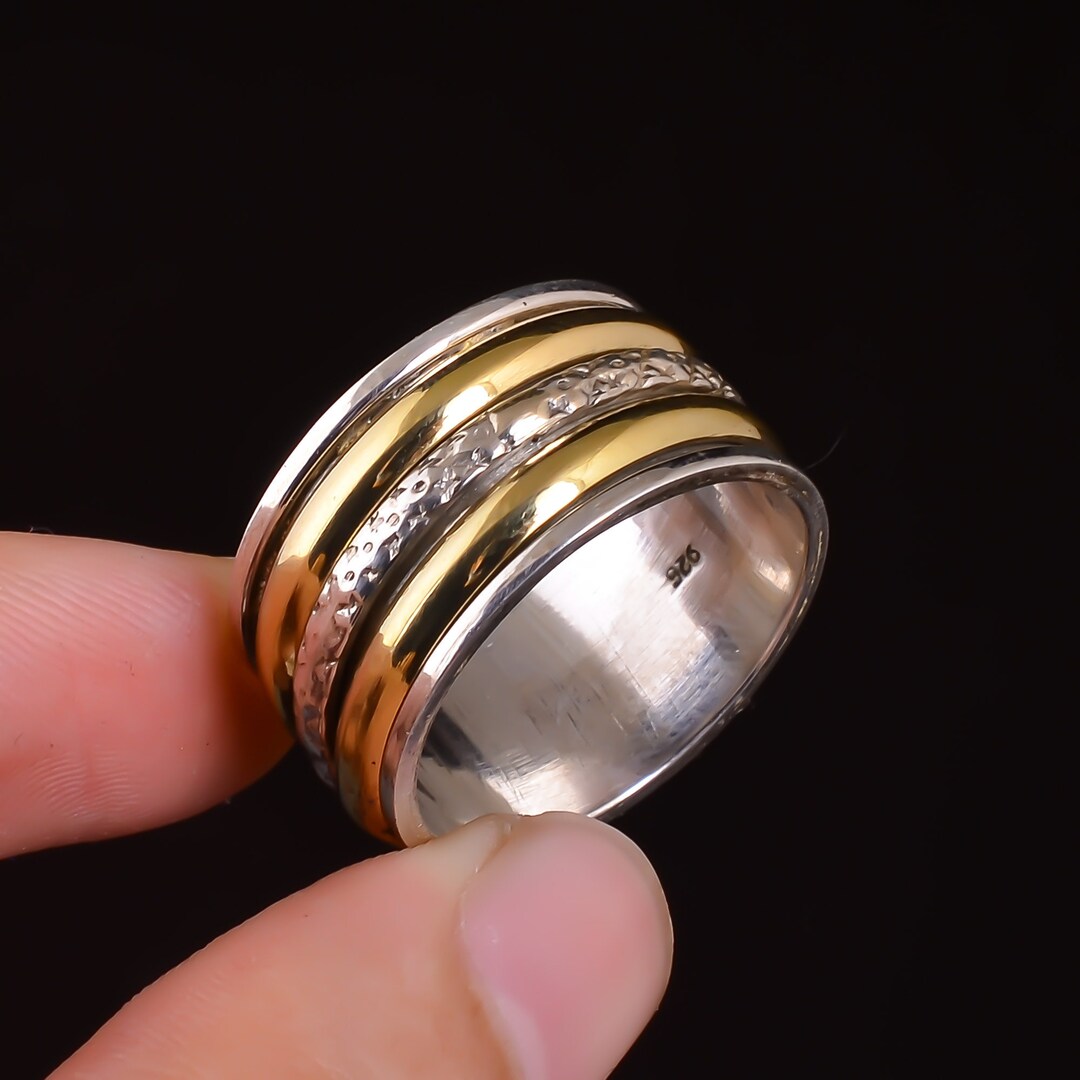 Three Band Spinner Ring Two Tone Sterling Silver Ring in Boho Style ...