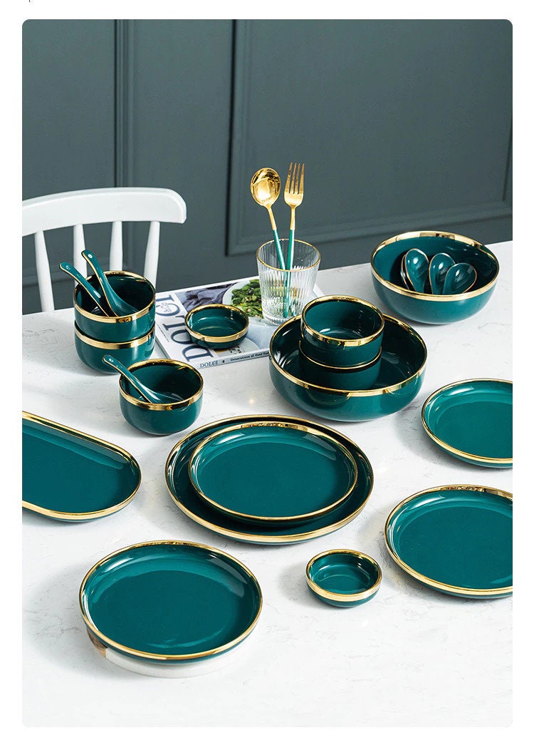 Full Set Ceramic Green Color Dinnerware Set Ceramic Dining Etsy