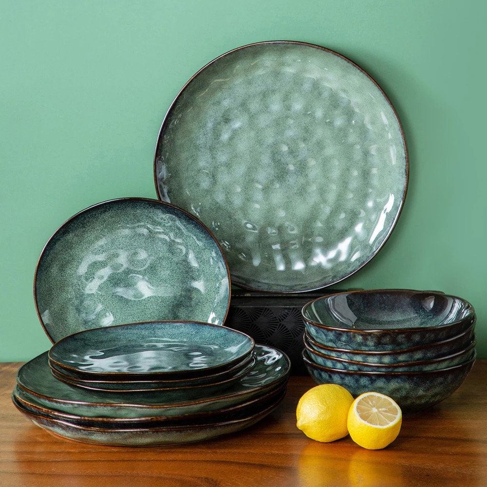 Full Set Ceramic Green Color Dinnerware Set Vintage Ceramic Etsy