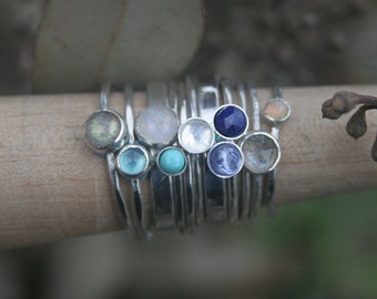 Stacking Ring Custom Stone 4mm Thin Silver Ring | Various Colours Natural Mini Gemstone | Handmade in Sterling Silver | Hammed/Smooth