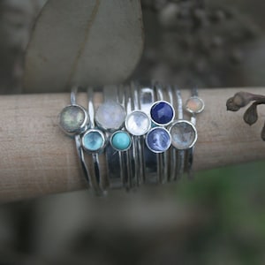Stacking Ring Custom Stone 4mm Thin Silver Ring | Various Colours Natural Mini Gemstone | Handmade in Sterling Silver | Hammed/Smooth