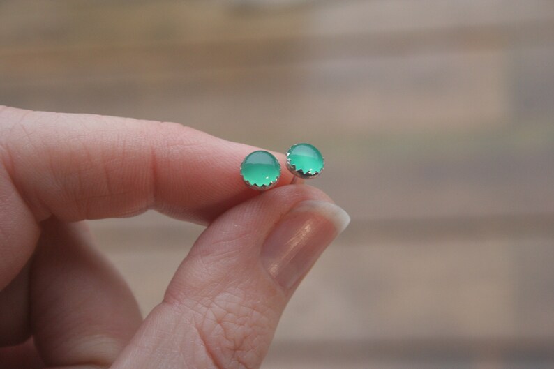 Green Onyx Earrings Studs 6mm Natural Gemstones Handmade Sterling Silver Pair of Earring Studs
