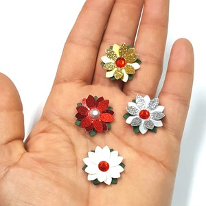 1 Inch Mini Poinsettias Paper Embellishments for Handmade Christmas Cards and DIY Crafts, Mixed Media Poinsetta Paper Flowers - Set of 4