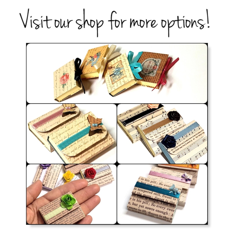 May include: Assortment of small, handmade, decorative boxes with various designs and patterns. The boxes are made of paper and have a vintage aesthetic. Some boxes feature floral designs, while others have musical notes or text.