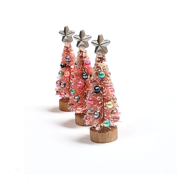 Holiday miniatures pink mini Christmas tree, Decorated tiny Christmas tree - Dollhouse Christmas decorations.