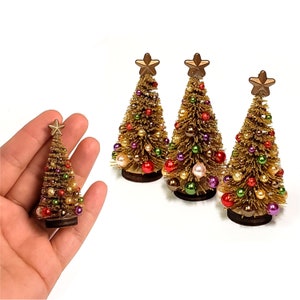 Gold miniature Christmas tree, Decorated small Christmas tree, Dollhouse miniatures tiny Christmas trees
