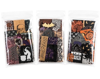 May include: Three clear plastic bags filled with assorted Halloween-themed paper die-cuts. The contents include shapes of skulls, witches, spiders, webs, tombstones, and bats, featuring patterns in black, orange, and purple with the text Trick or Treat.