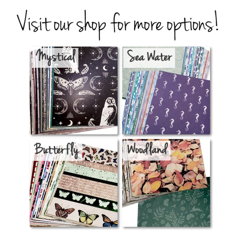 May include: Four stacks of patterned paper, each with a different theme: Mystical with owls and moons, Sea Water with seahorses, Butterfly with butterflies and floral designs, and Woodland with leaves and flowers.