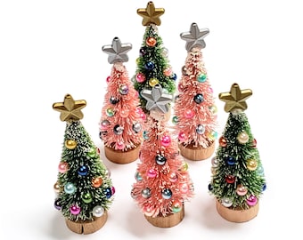 Christmas fairy garden tree, Miniature Christmas tree, Dollhouse Christmas tree, Tiny decorated bottle brush Christmas tree,