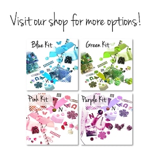 May include: Four different color kits of craft supplies. Each kit includes a variety of embellishments, including ribbons, buttons, flowers, and glitter. The kits are labeled "Blue Kit", "Green Kit", "Pink Kit", and "Purple Kit".
