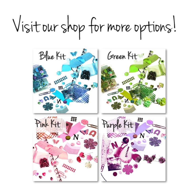 May include: Four different color kits of craft supplies. Each kit includes a variety of embellishments, including ribbons, buttons, flowers, and glitter. The kits are labeled "Blue Kit", "Green Kit", "Pink Kit", and "Purple Kit".