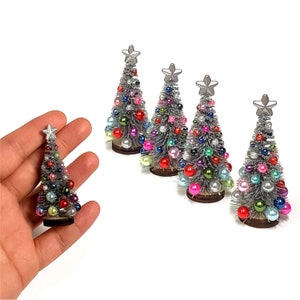 Silver mini Christmas tree, Dollhouse Christmas miniatures, Decorated tiny Christmas tree.