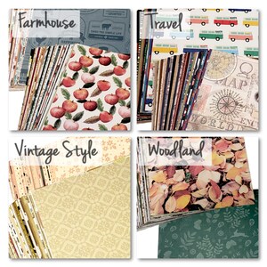 May include: Four stacks of patterned paper, each stack labeled with a theme: Farmhouse, Travel, Vintage Style, and Woodland. The Farmhouse stack features a red apple pattern, the Travel stack features a vintage map pattern, the Vintage Style stack features a floral pattern, and the Woodland stack features a leaf pattern.
