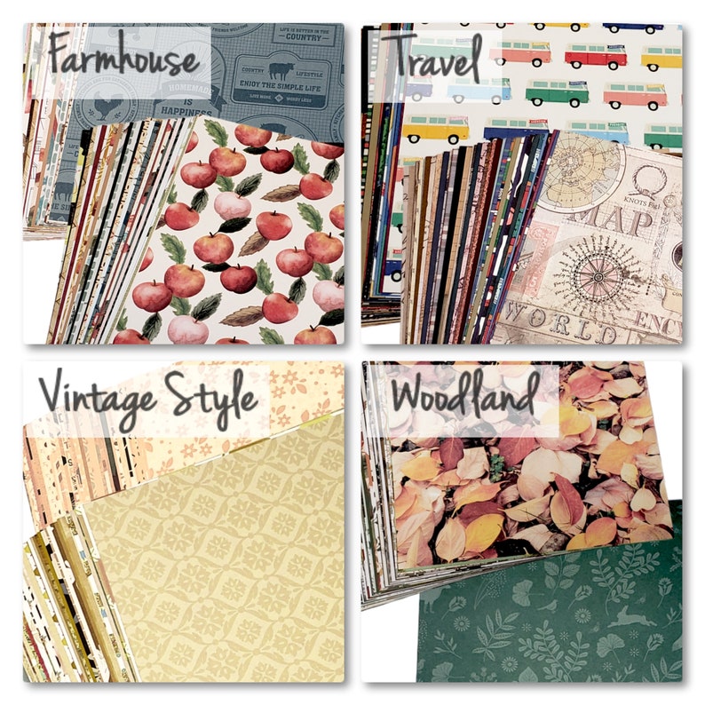 May include: Four stacks of patterned paper, each stack labeled with a theme: Farmhouse, Travel, Vintage Style, and Woodland. The Farmhouse stack features a red apple pattern, the Travel stack features a vintage map pattern, the Vintage Style stack features a floral pattern, and the Woodland stack features a leaf pattern.
