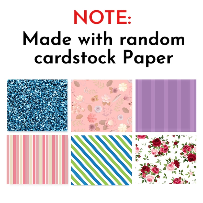 Op de afbeelding: Een collage van zes verschillende gepatroneerde kartonpapieren. De patronen omvatten blauwe glitter, roze bloemen, paarse strepen, roze en witte strepen, blauwe en groene strepen en rode rozen op een witte achtergrond. OPMERKING: Gemaakt met willekeurig kartonpapier.