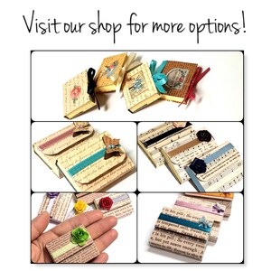 May include: Assortment of small, handmade, decorative boxes with various designs and patterns. The boxes are made of paper and have a vintage aesthetic. Some boxes feature floral designs, while others have musical notes or text.
