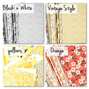 Op de afbeelding: Assortiment van gepatroneerd scrapbookpapier in vier kleurenthema's: zwart-wit, vintage stijl, gele tinten en oranje. Het papier heeft verschillende patronen, waaronder bloemen, geometrische vormen en strepen.