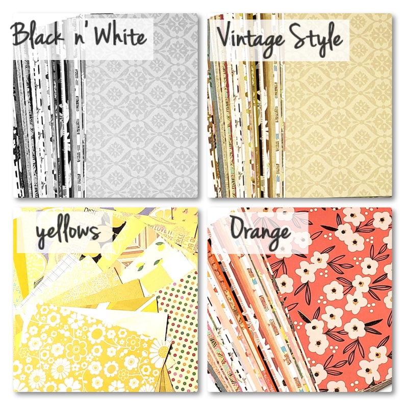 Op de afbeelding: Assortiment van gepatroneerd scrapbookpapier in vier kleurenthema's: zwart-wit, vintage stijl, gele tinten en oranje. Het papier heeft verschillende patronen, waaronder bloemen, geometrische vormen en strepen.