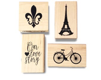 Pre-owned 4pc Wooden Rubber Stamps  – Vintage Bike, Paris Eiffel Tower & Love Story Stamps for Scrapbooking, DIY Cards and Crafts (STAMP21)