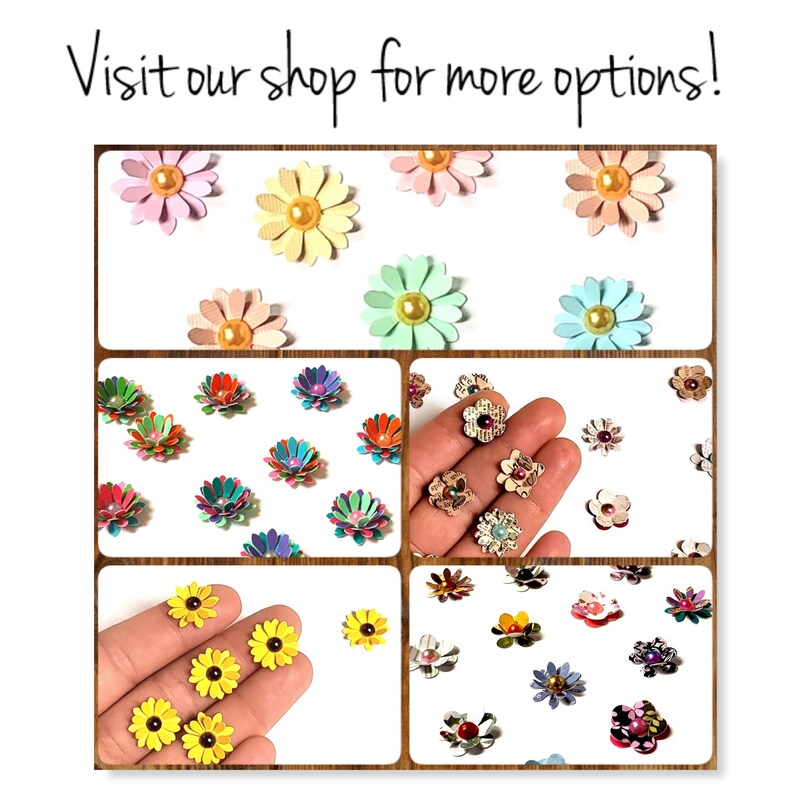 May include: Assortment of colorful paper flowers with pearl centers. The flowers are arranged in a collage of four images. The flowers are in various colors, including pink, yellow, green, blue, red, and purple.