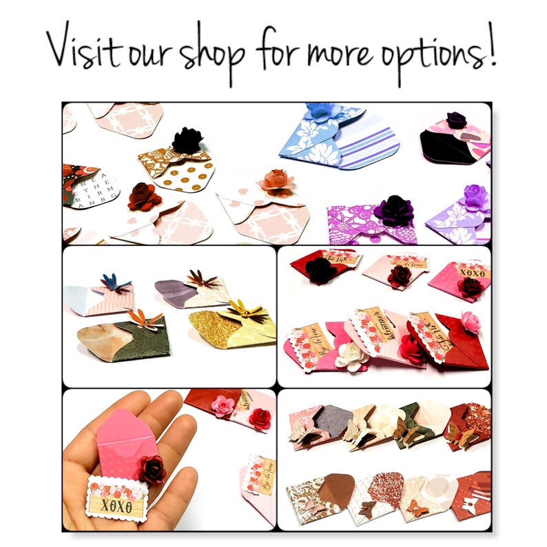 May include: Assortment of small, handmade paper envelopes with various designs and colors. Some envelopes feature floral embellishments, while others have patterned paper or text. The envelopes are perfect for adding a touch of whimsy to gifts, cards, or other special occasions.