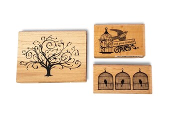Pre-owned 3pc Scroll Tree & Birdcage Wooden Rubber Stamps, Nature-Themed Stamps for Scrapbooking, Handmade Cards and DIY Crafts (STAMP17)