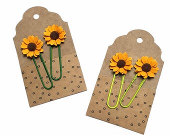 Sunflower bookmark altered paperclip, Sunflower page divider handmade paper clips, Journal planner embellishments, Sunflower stationery.