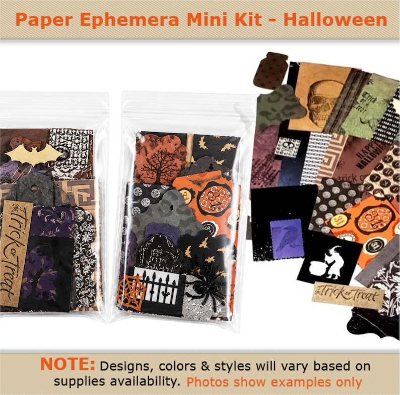 Może przedstawiać: Mini zestaw papierowych efemeryd na Halloween zawierający r&oacute;żnorodne wycinanki i zawieszki w kolorach czarnym, pomarańczowym i fioletowym. Zawiera sylwetki nietoperzy, pająk&oacute;w, drzew, płot&oacute;w i czaszek oraz napisy Trick or Treat i Happy Halloween.