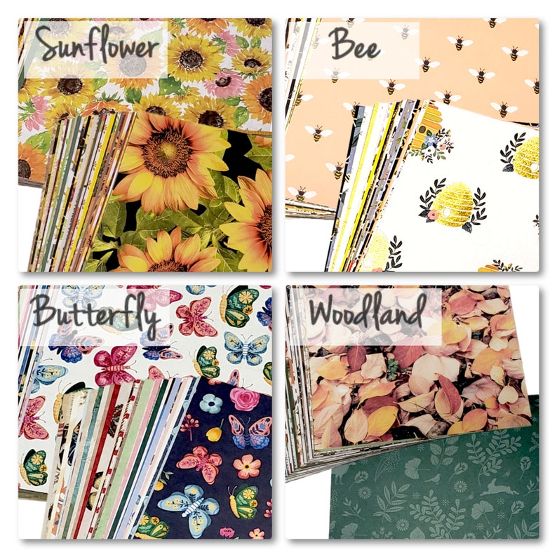 May include: A set of 10 different patterned scrapbook paper featuring a variety of themes, including sunflower, bee, butterfly, and woodland. The paper is a mix of colors and patterns, and is perfect for crafting and scrapbooking.