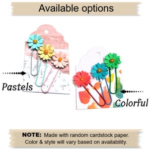May include: Two sets of colourful paper clips with flower accents. The set on the left has pastel colours and the set on the right has bright colours. The text "Pastels" and "Colorful" are written below each set.