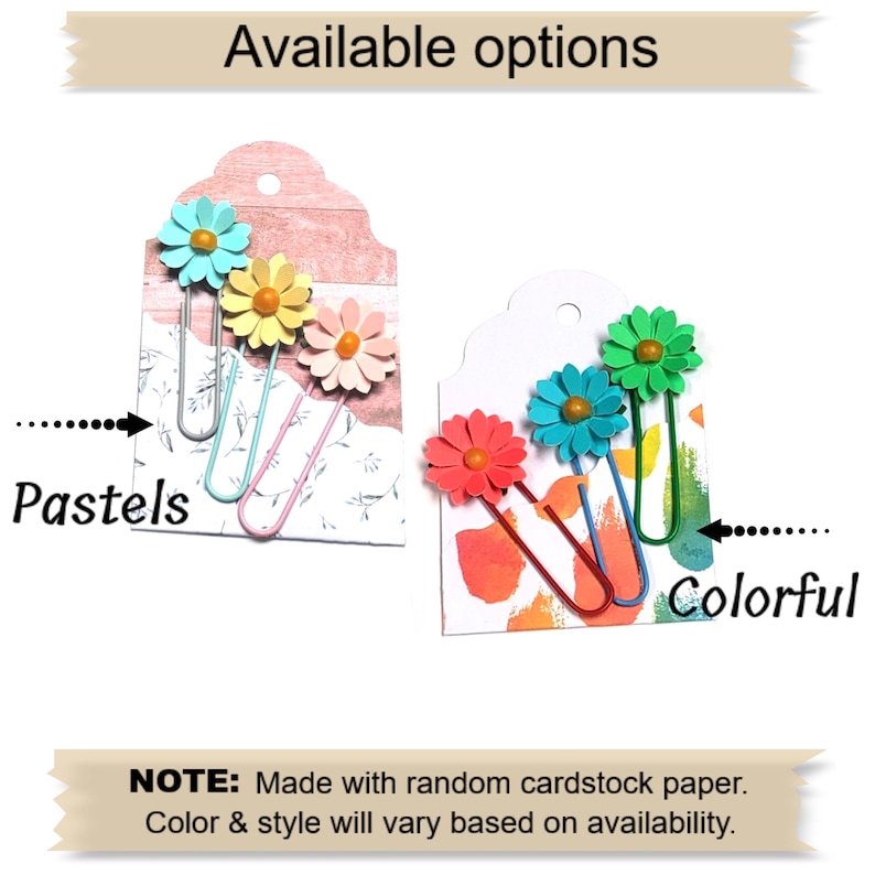 May include: Two sets of colourful paper clips with flower accents. The set on the left has pastel colours and the set on the right has bright colours. The text "Pastels" and "Colorful" are written below each set.
